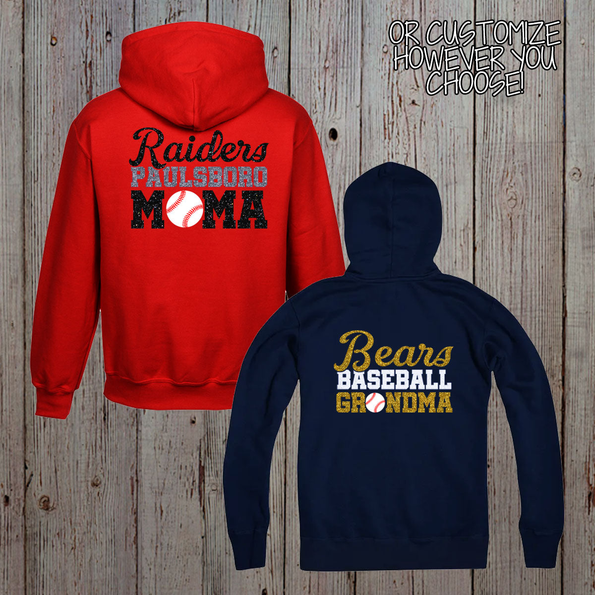 Custom Glitter Baseball Mom Zip Up Hoodie with Name & Number