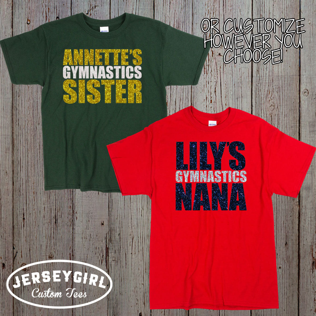 glitter gymnastics mom shirt with gymnast's name