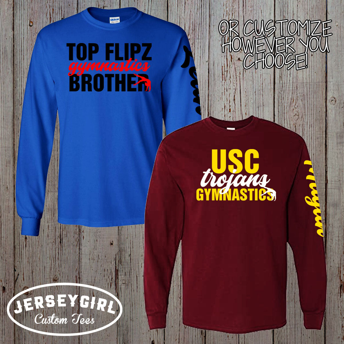 long sleeve gymnastics mom shirt with name on sleeve