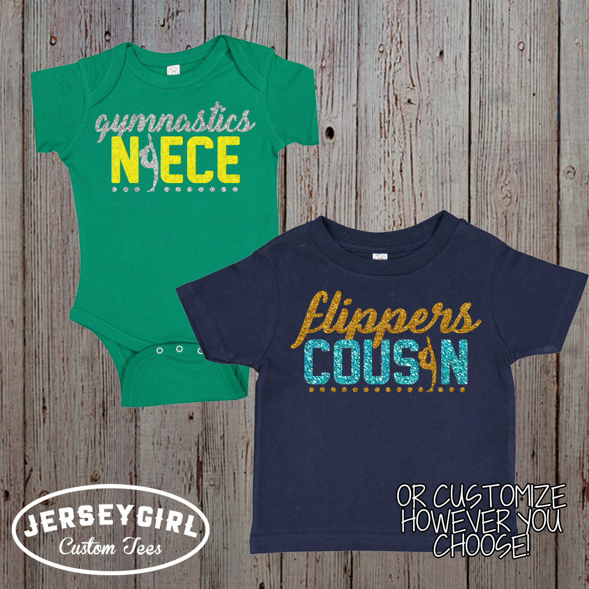 glitter gymnastics sister baby bodysuit / toddler shirt with gymnast's name
