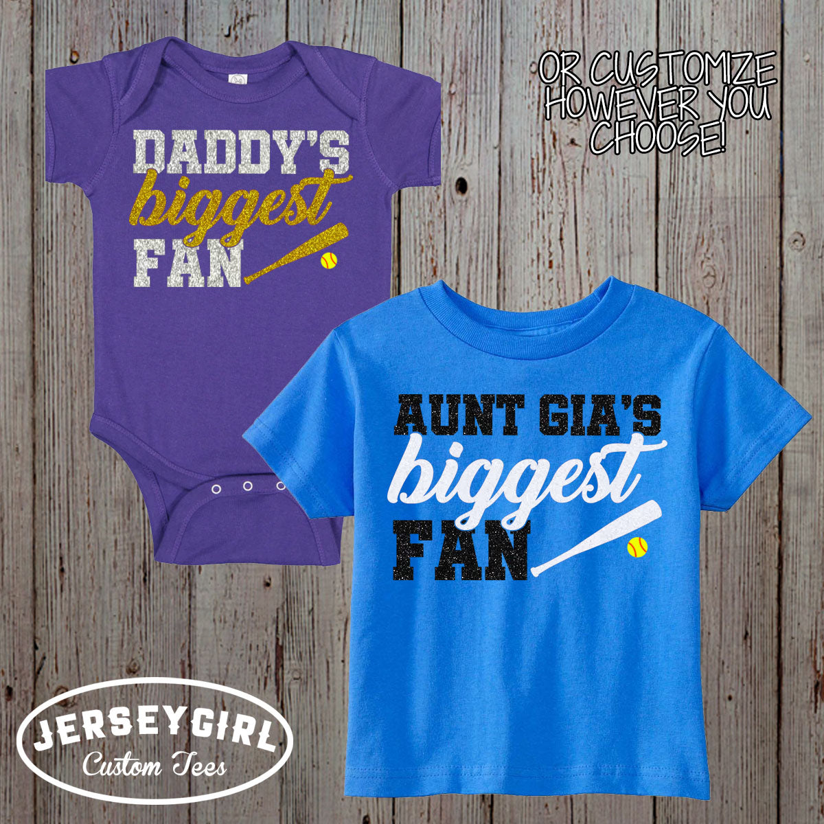 glitter Mommy's Biggest Fan softball bodysuit / shirt
