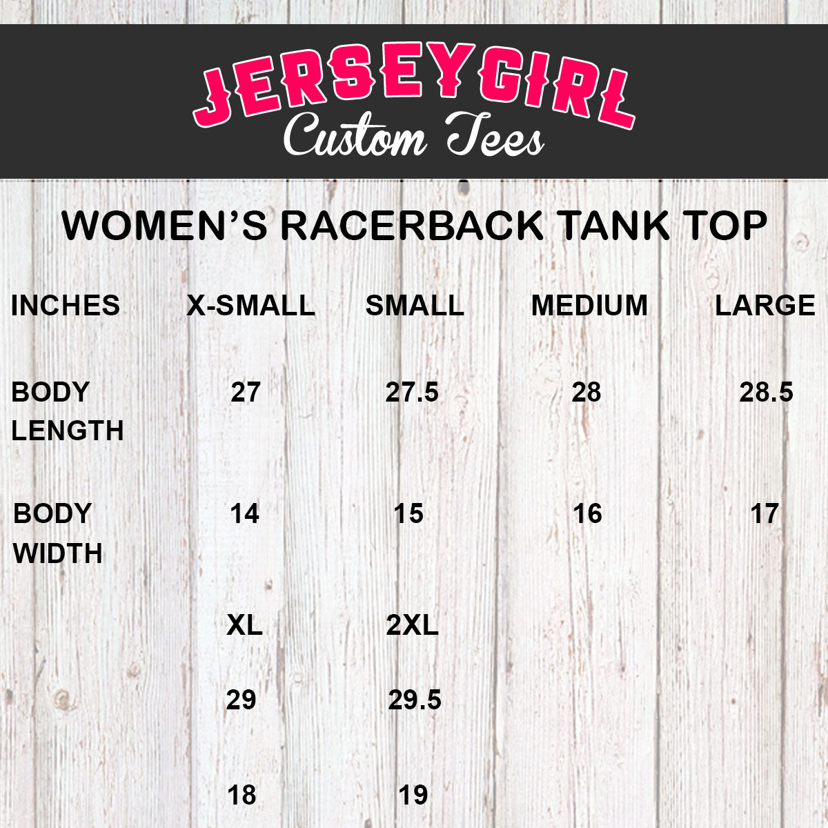 racerback tank top size chart