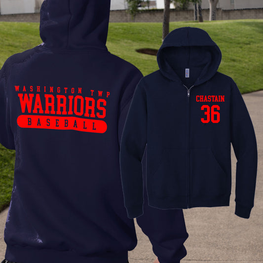 Custom Baseball Team Zip-Up Hoodie with Team Name, Name & Number