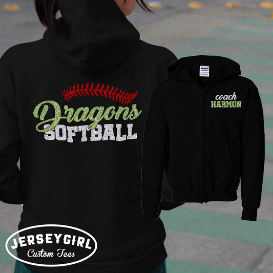 custom glitter softball coach zip-up hoodie