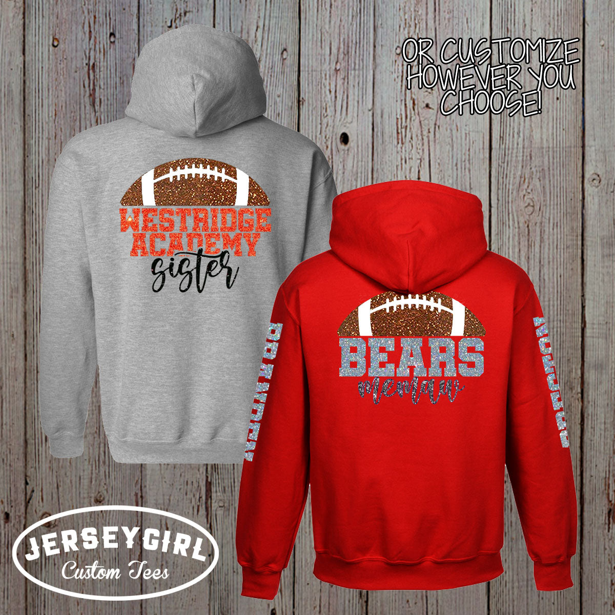 glitter football mom zip-up sweatshirt