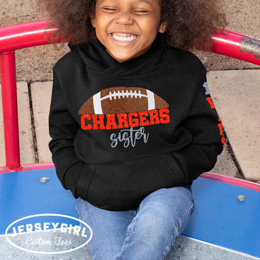 personalized glitter football sister toddler hoodie with name & number