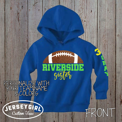 personalized glitter football sister toddler hoodie with name & number