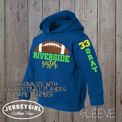 personalized glitter football sister toddler hoodie with name & number