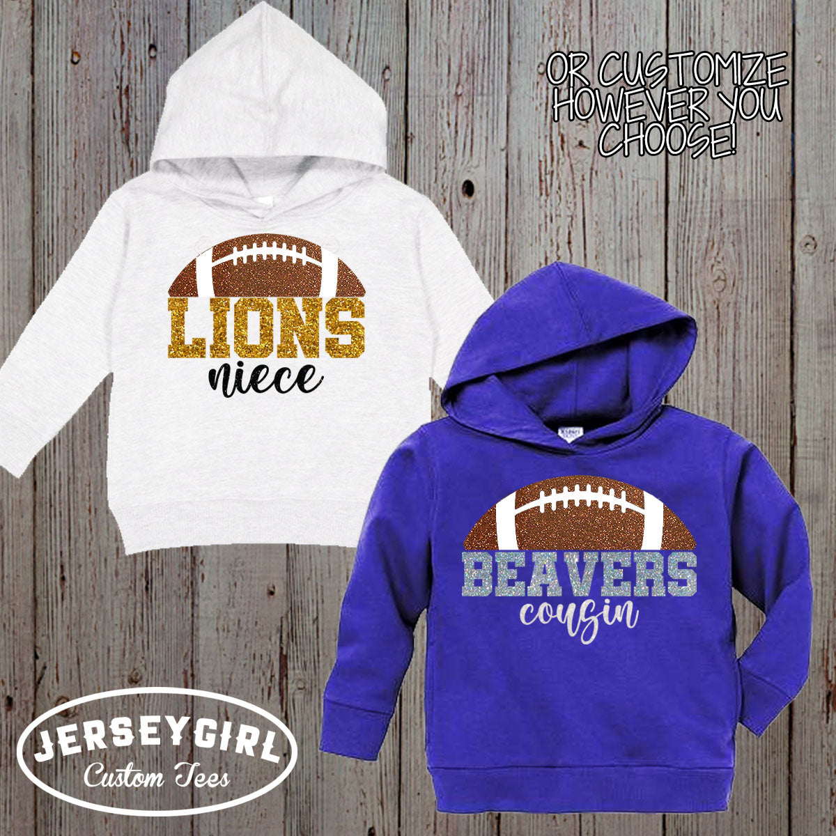 personalized glitter football sister toddler hoodie with name & number