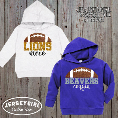 personalized glitter football sister toddler hoodie with name & number