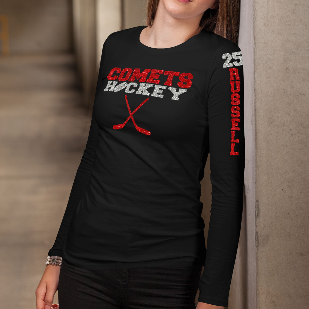 long sleeve glitter hockey shirt