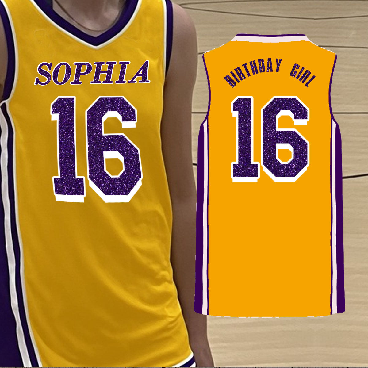 glitter yellow and purple basketball jersey