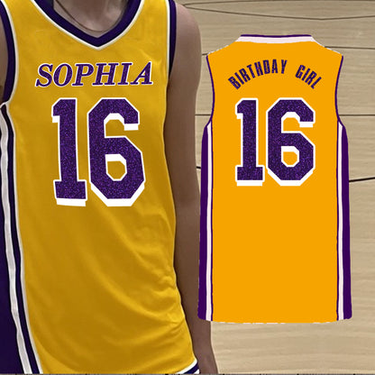 glitter yellow and purple basketball jersey