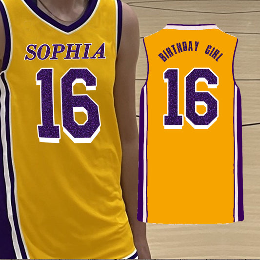 glitter yellow and purple basketball jersey