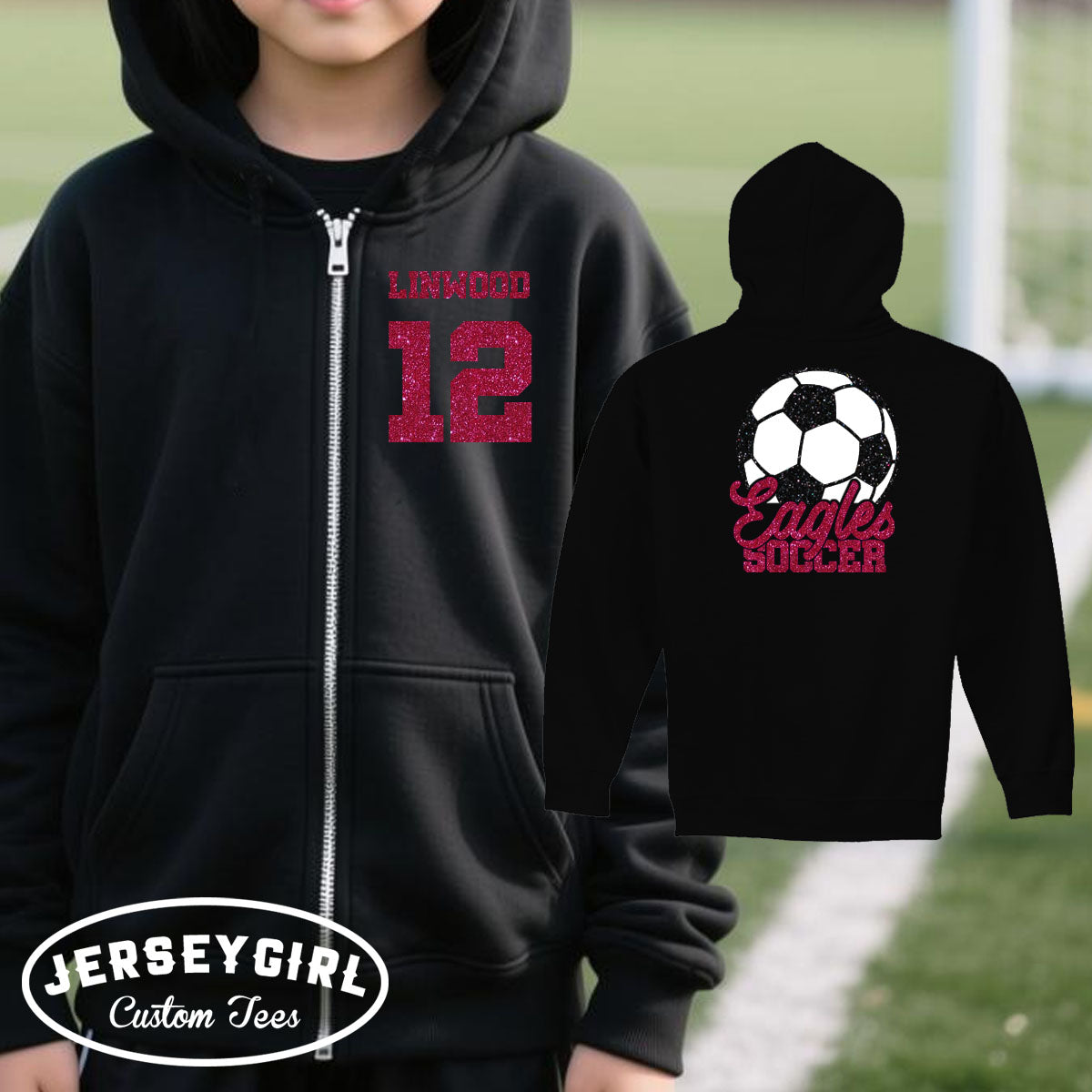 custom glitter soccer zip-up hoodie
