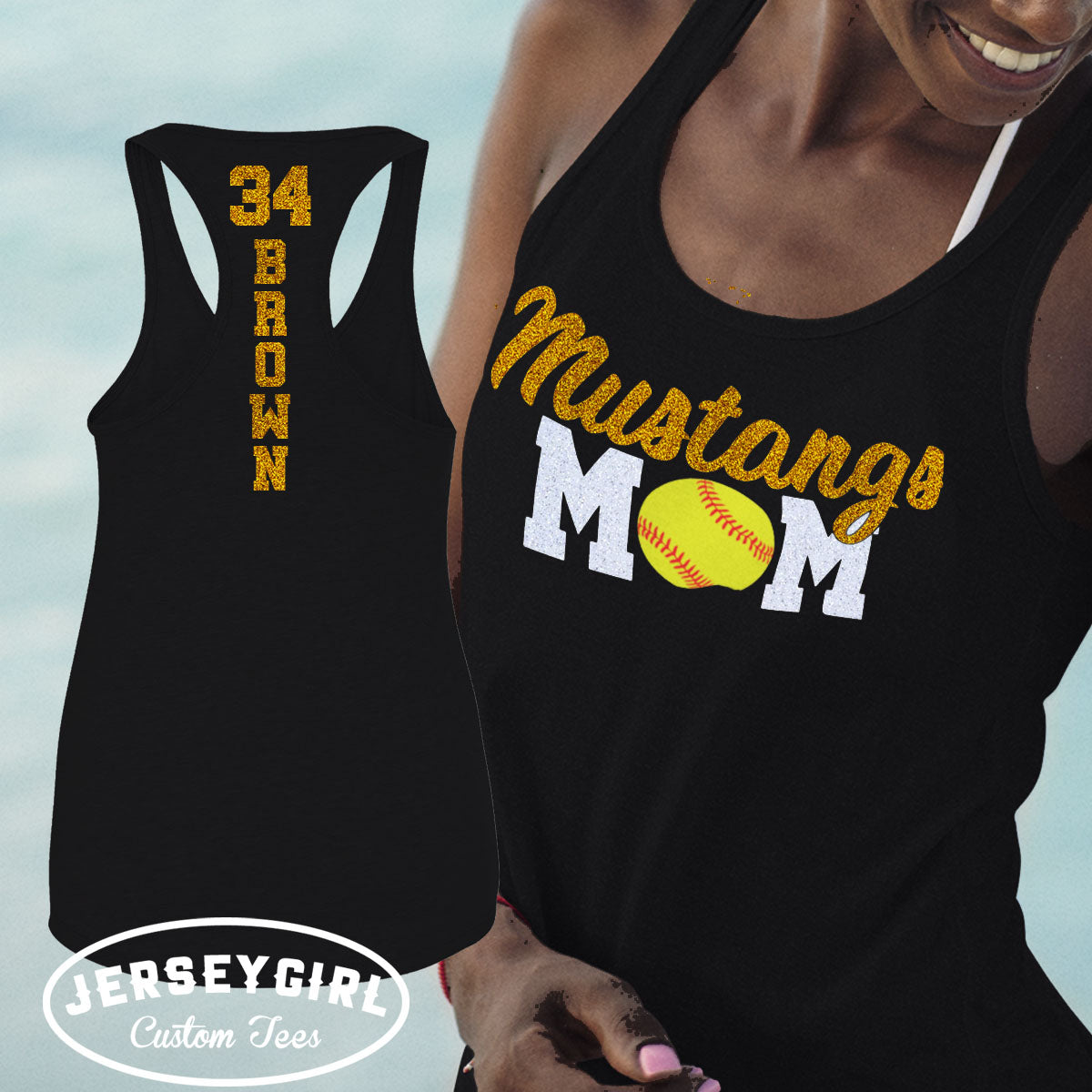personalized glitter softball mom tank top