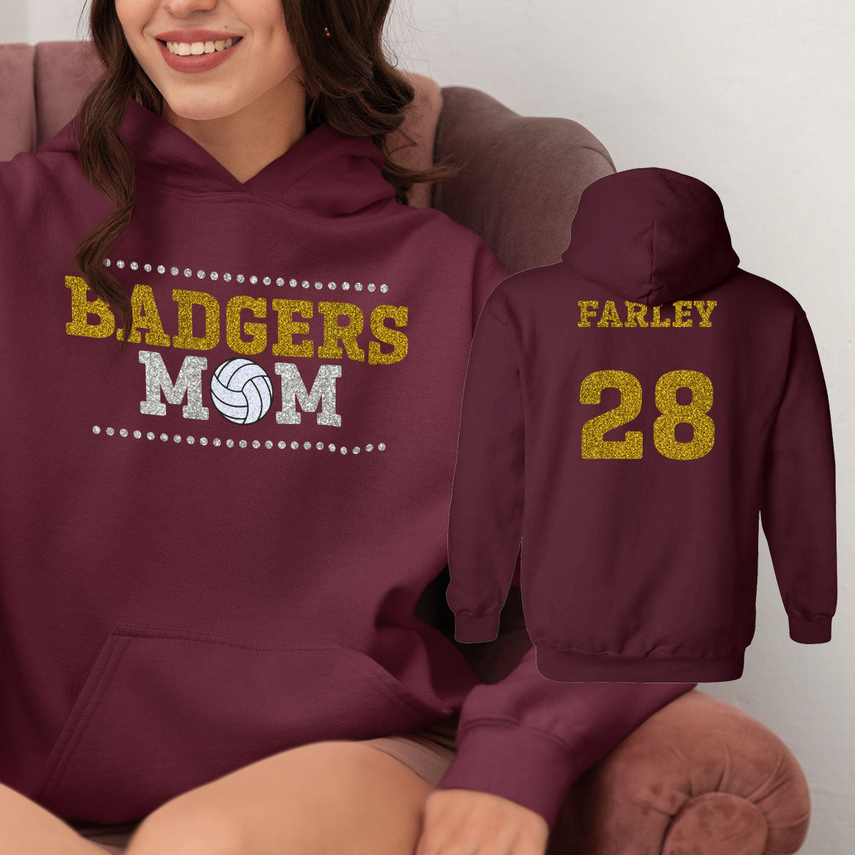 glitter volleyball mom sweatshirt with name & number