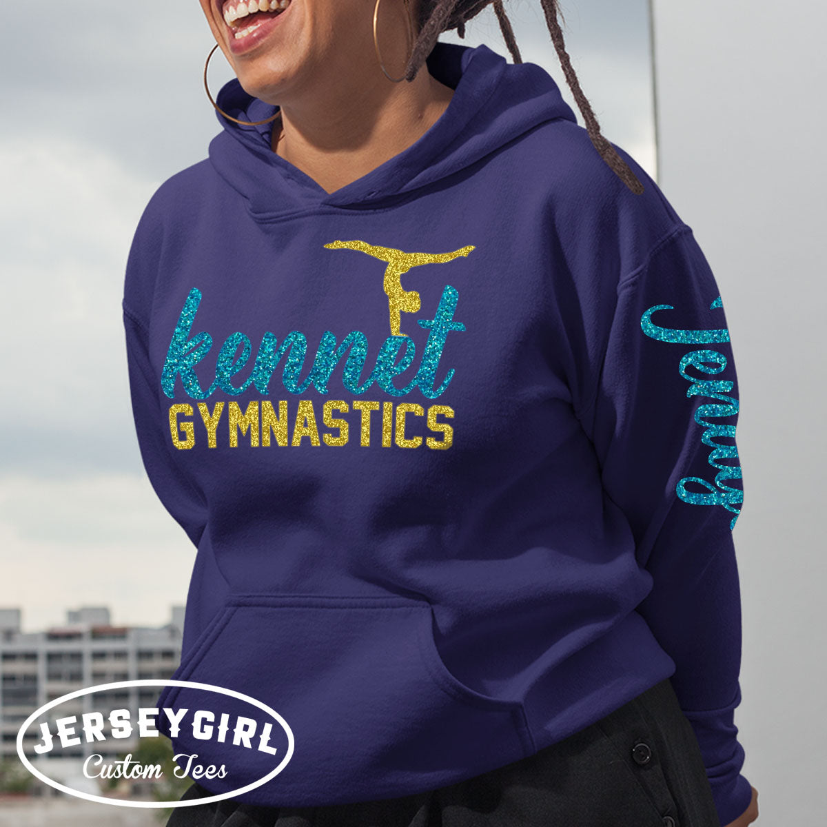custom glitter gymnastics hoodie with gymnast's name