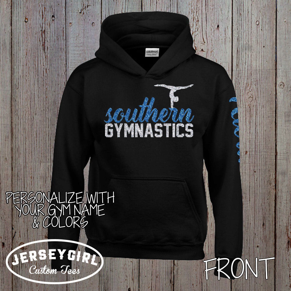 custom glitter gymnastics hoodie with gymnast's name