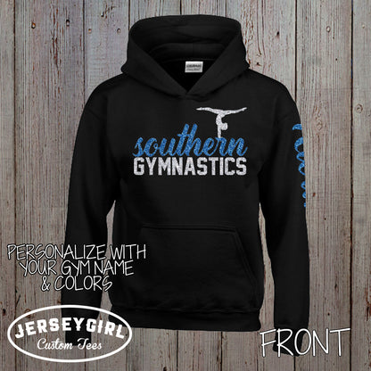 custom glitter gymnastics hoodie with gymnast's name