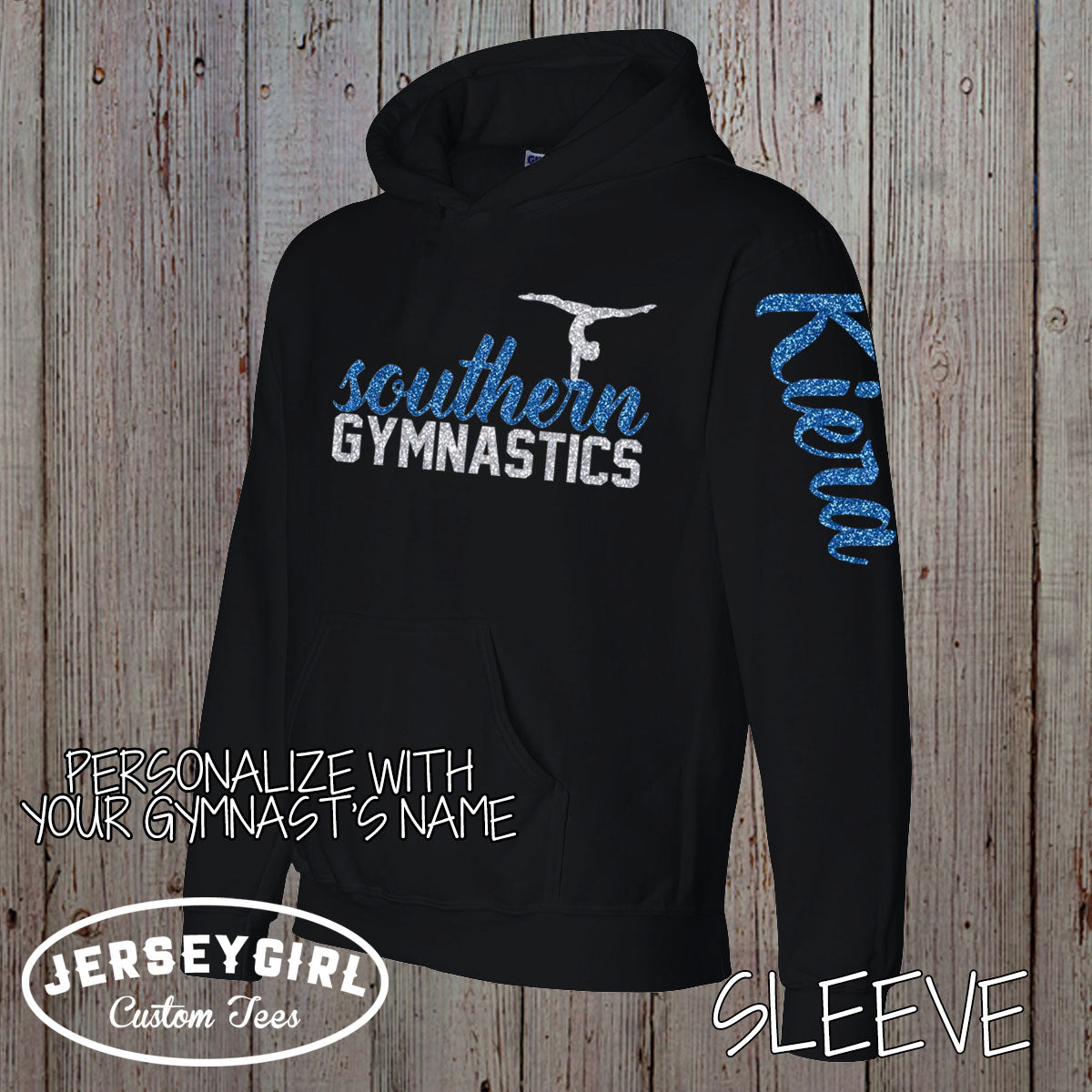 custom glitter gymnastics hoodie with gymnast's name