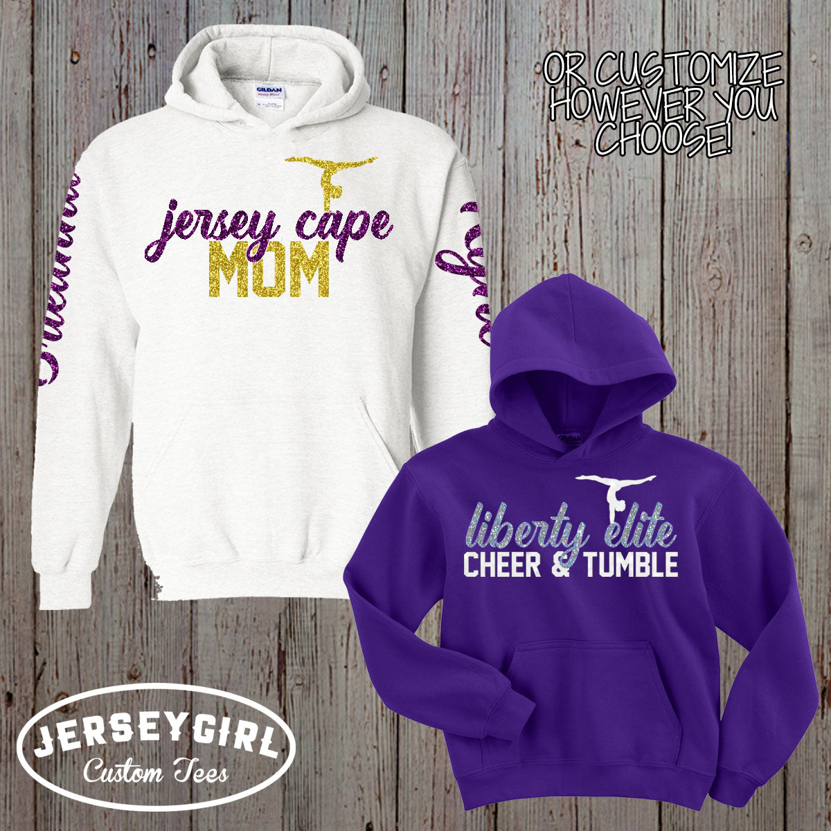 custom glitter gymnastics hoodie with gymnast's name