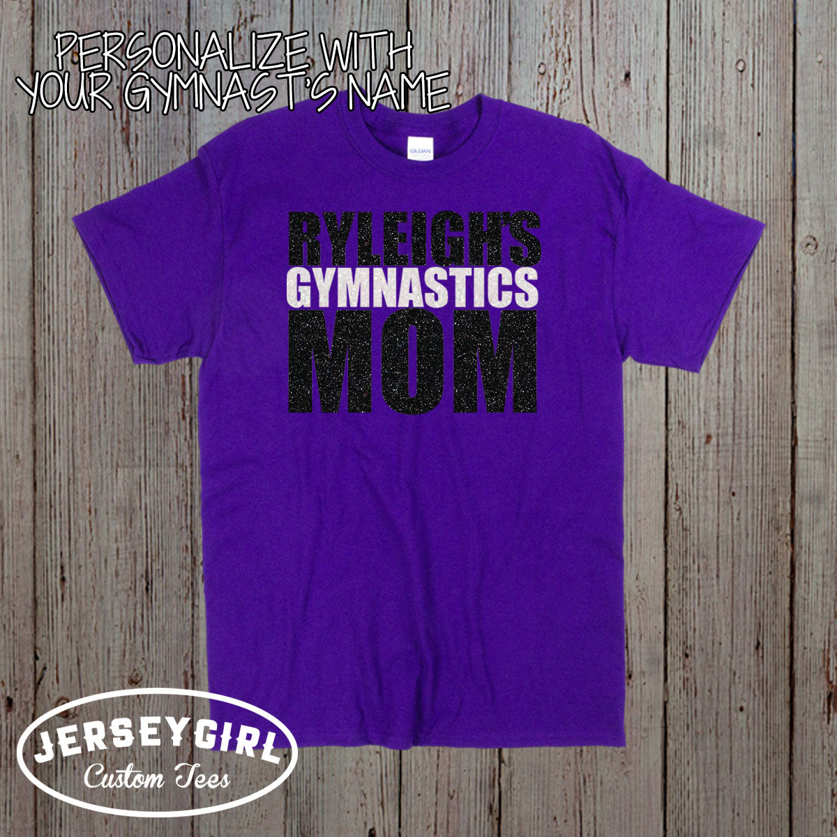 glitter gymnastics mom shirt with gymnast's name