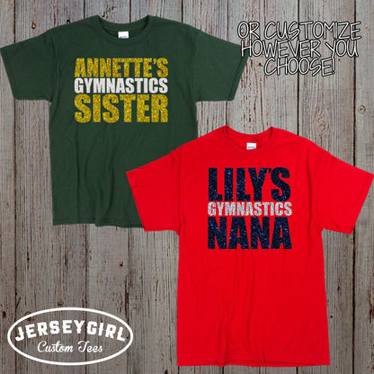 glitter gymnastics mom shirt with gymnast's name