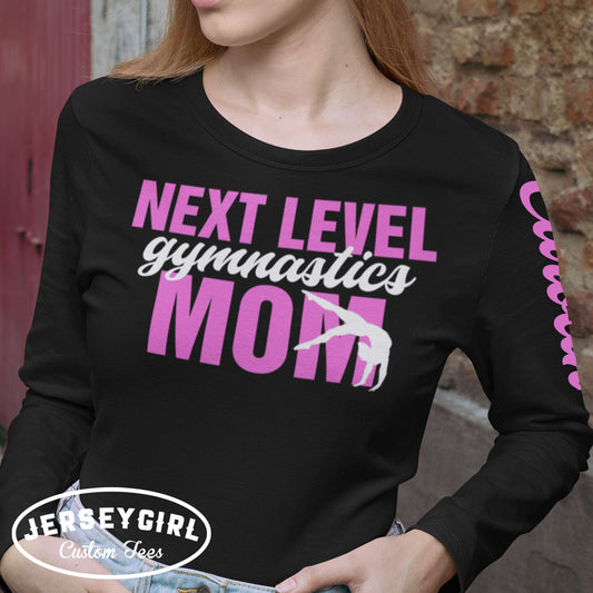 personalized gymnastics mom long sleeve shirt with name & sleeve