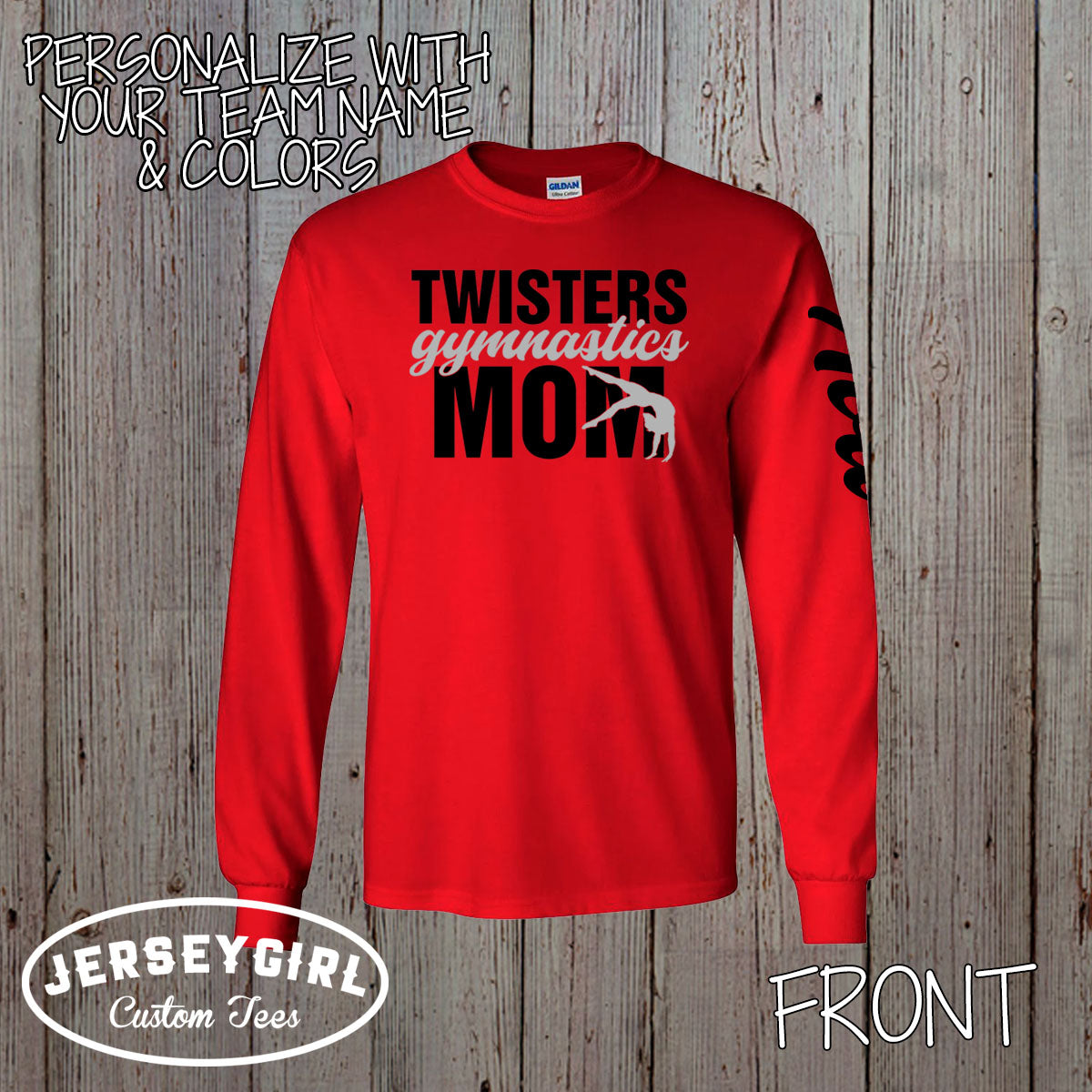 personalized gymnastics mom long sleeve shirt with name & sleeve