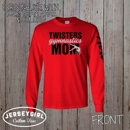personalized gymnastics mom long sleeve shirt with name & sleeve