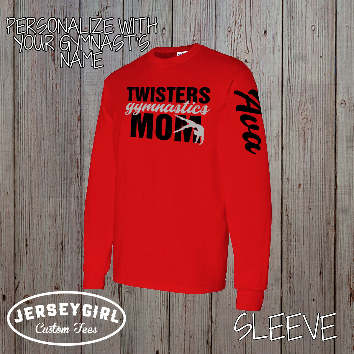 personalized gymnastics mom long sleeve shirt with name & sleeve