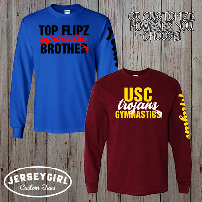 personalized gymnastics mom long sleeve shirt with name & sleeve