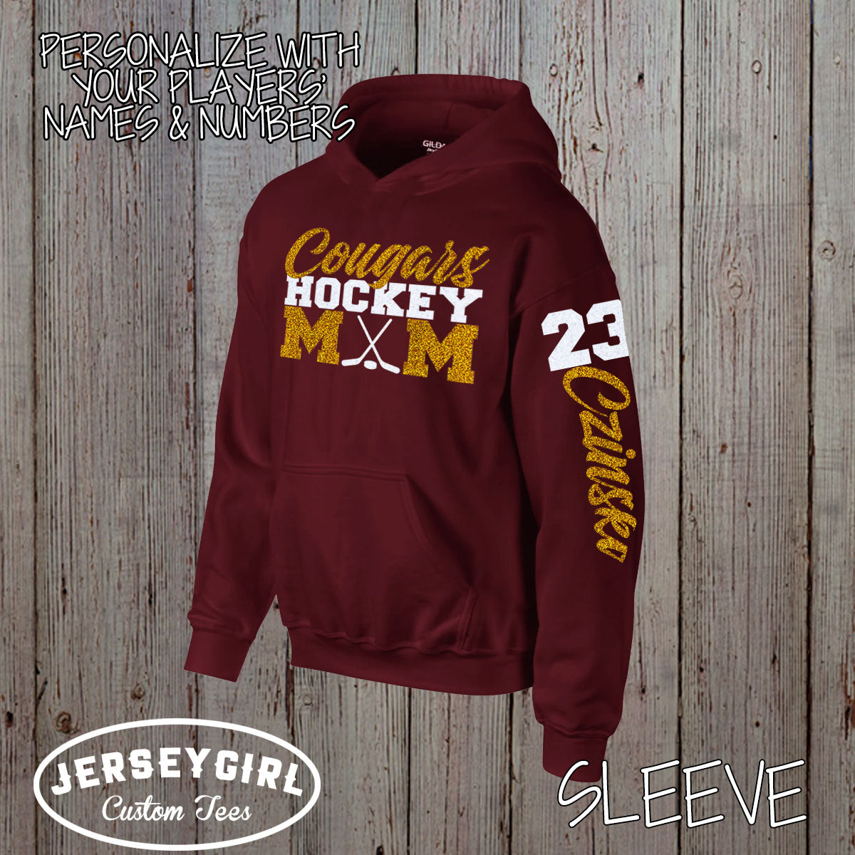 custom hockey mom sweatshirt with name & number