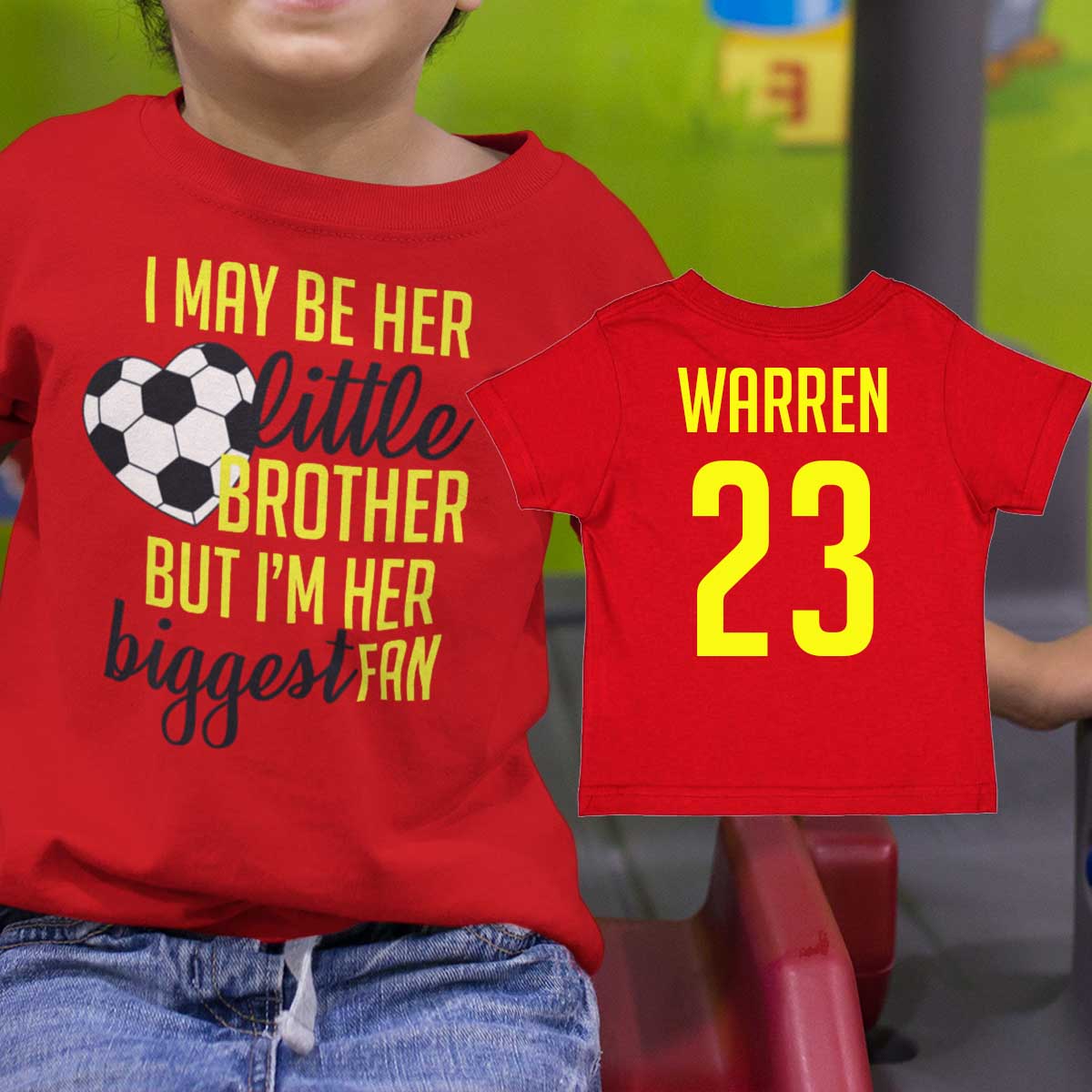 I May Be Her Little Brother But I'm Her Biggest Fan soccer baby bodysuit / toddler shirt