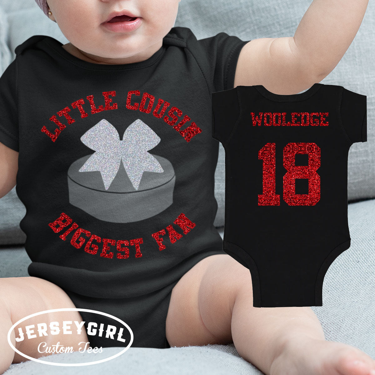 Little Cousin Biggest Fan Hockey baby bodysuit or toddler shirt
