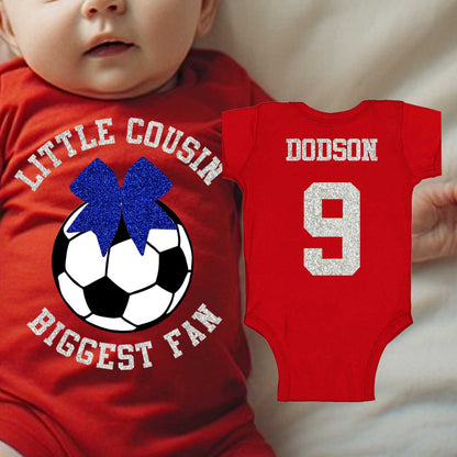 little cousin biggest fan soccer baby bodysuit / toddler shirt