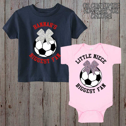little cousin biggest fan soccer baby bodysuit / toddler shirt