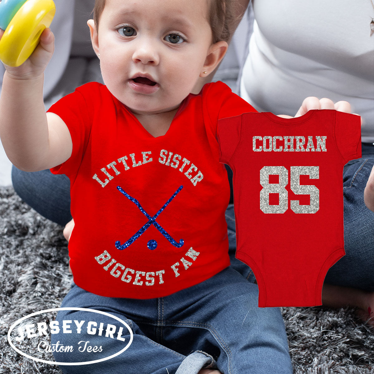 little sister biggest fan field hockey baby bodysuit or toddler shirt