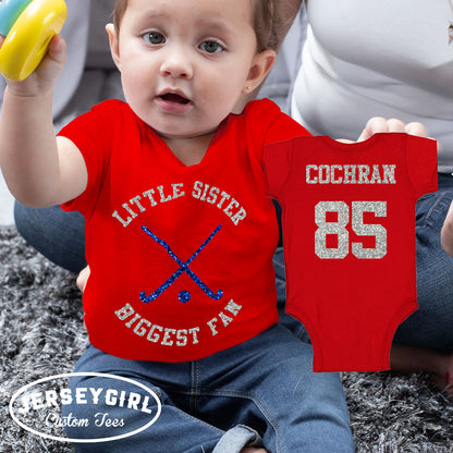 little sister biggest fan field hockey baby bodysuit or toddler shirt