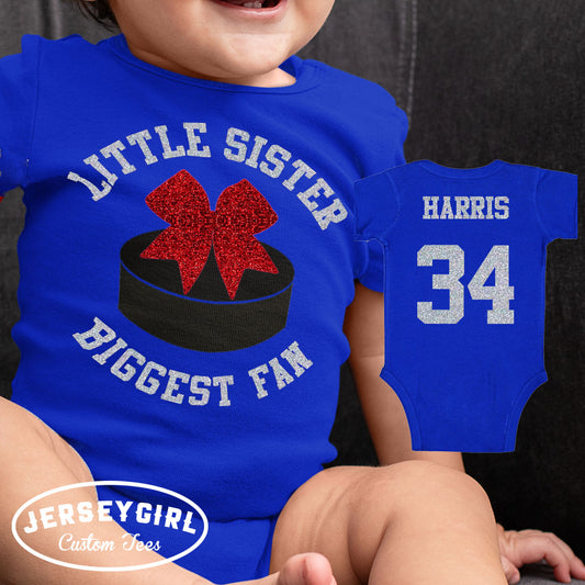 Little Sister Biggest Fan Hockey baby bodysuit or toddler shirt