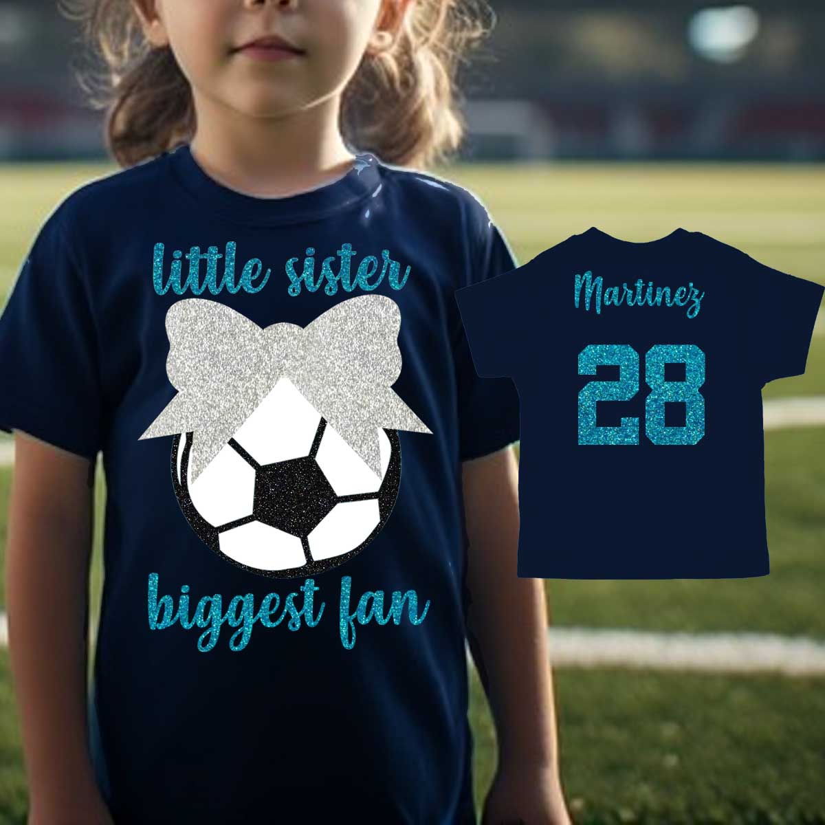 glitter little sister biggest fan soccer shirt