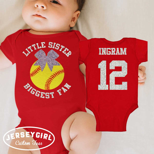 Little Sister Biggest Fan Softball Baby Bodysuit or Toddler Shirt