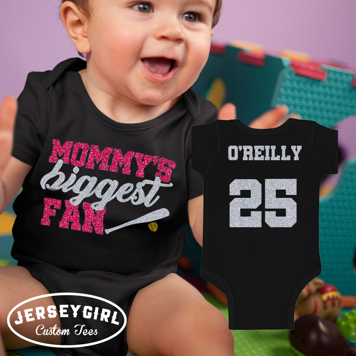 glitter Mommy's Biggest Fan softball bodysuit / shirt