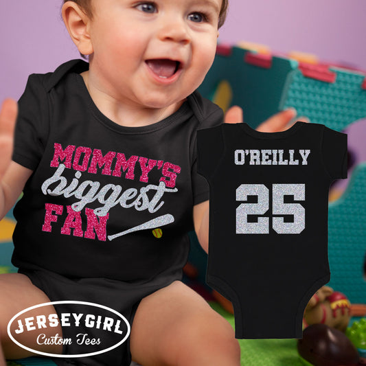 glitter Mommy's Biggest Fan softball bodysuit / shirt