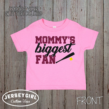 glitter Mommy's Biggest Fan softball bodysuit / shirt