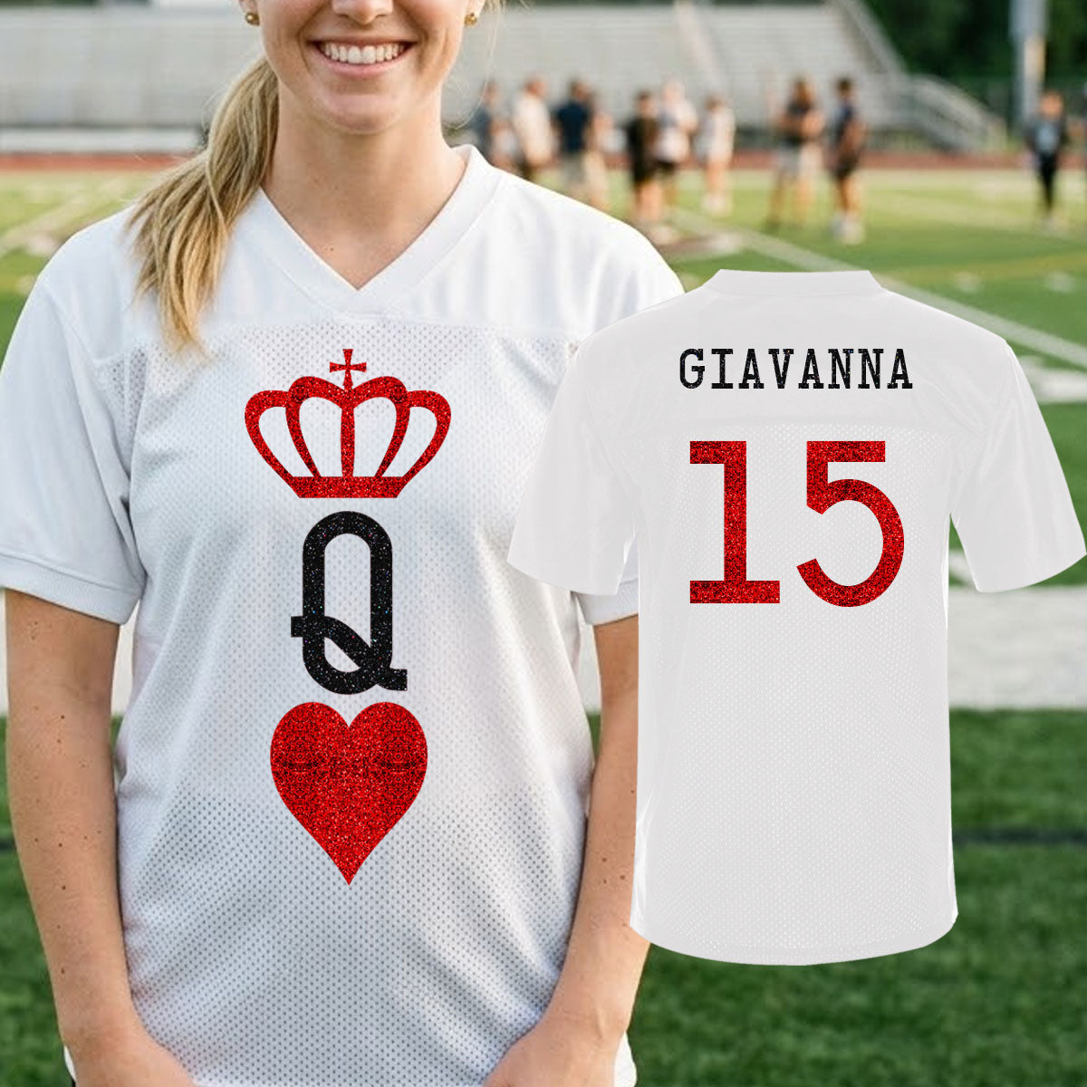 Queen of Hearts Football Jersey | personalized glitter playing card football jersey with name and number