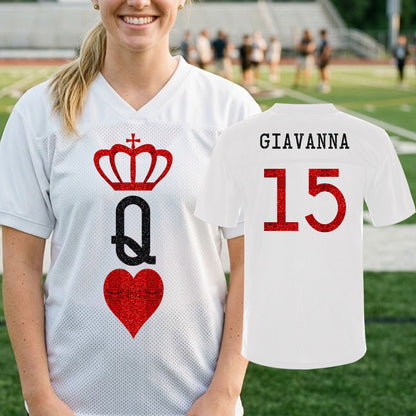 Queen of Hearts Football Jersey | personalized glitter playing card football jersey with name and number