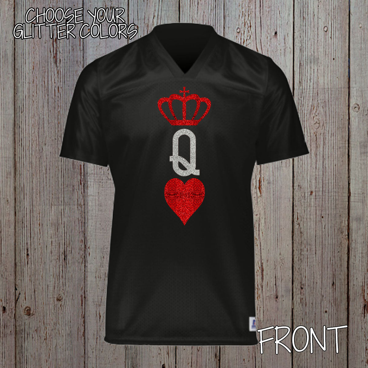 Queen of Hearts Football Jersey | personalized glitter playing card football jersey with name and number