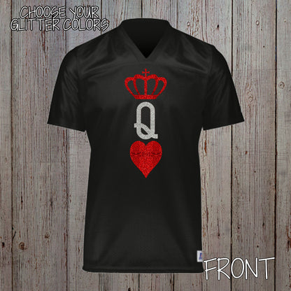 Queen of Hearts Football Jersey | personalized glitter playing card football jersey with name and number